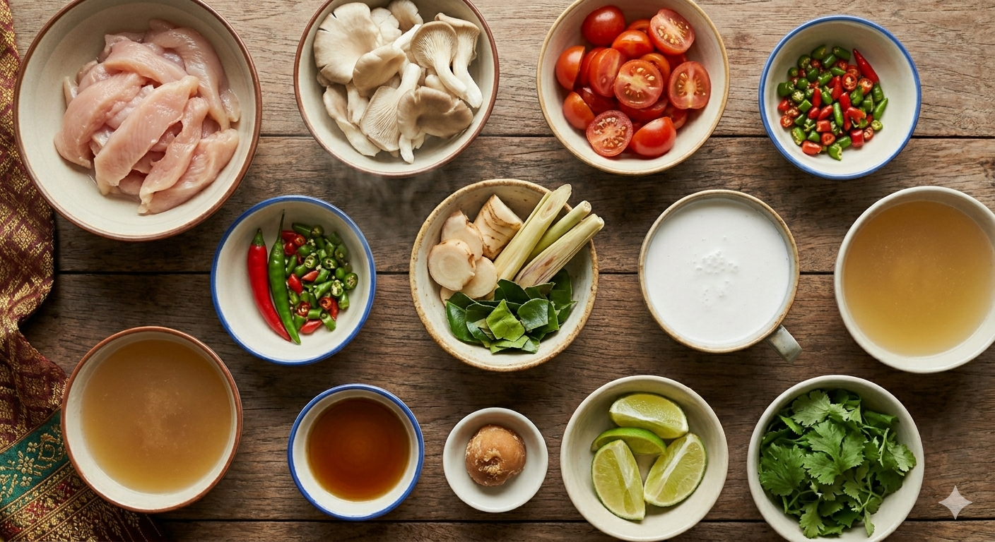 Ingredientes para Tom Kha Gai (ต้มข่าไก่) — Sopa de pollo con leche de coco